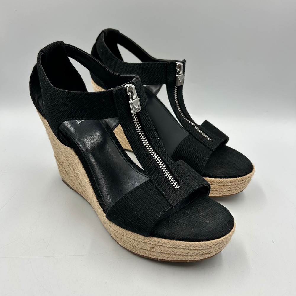 Michael Kors Wedge Sandals Black Womens 10.5 Canvas Espadrille Zipper EUC - Picture 2 of 8
